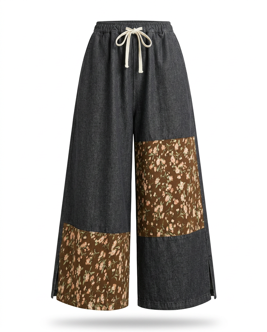 Unique Patchwork Wide Leg Trousers Boho Brown