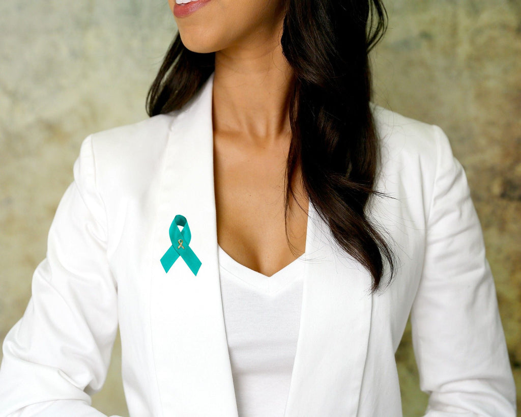 10 Pack Satin Teal Ribbon Pins for Ovarian Cancer, PTSD, Rape The Awareness Company