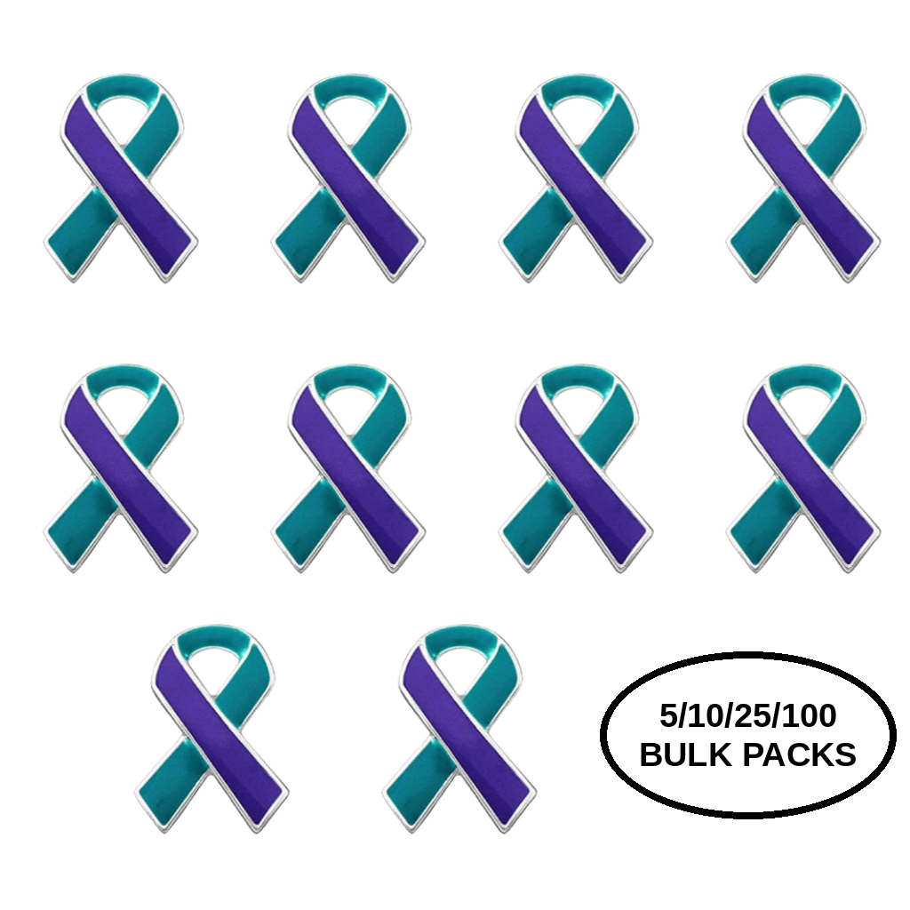 5/10/25/100 Pack Teal & Purple Ribbon Pins for Suicide, Sexual Assault Awareness The Awareness Company
