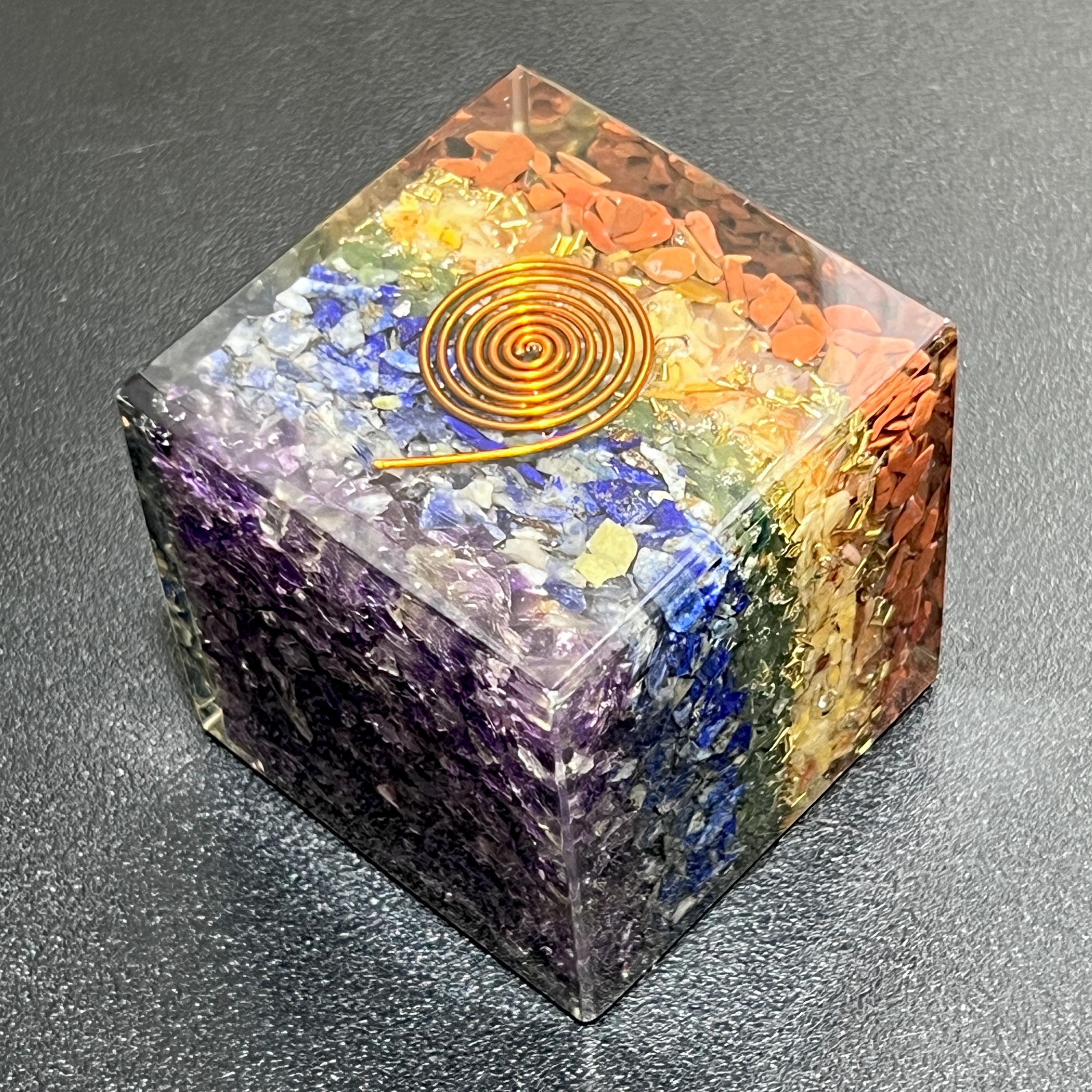 Large 7-Stone Crystal Resin Orgone Cube Reiki Chakra Carving Amazing Crystals