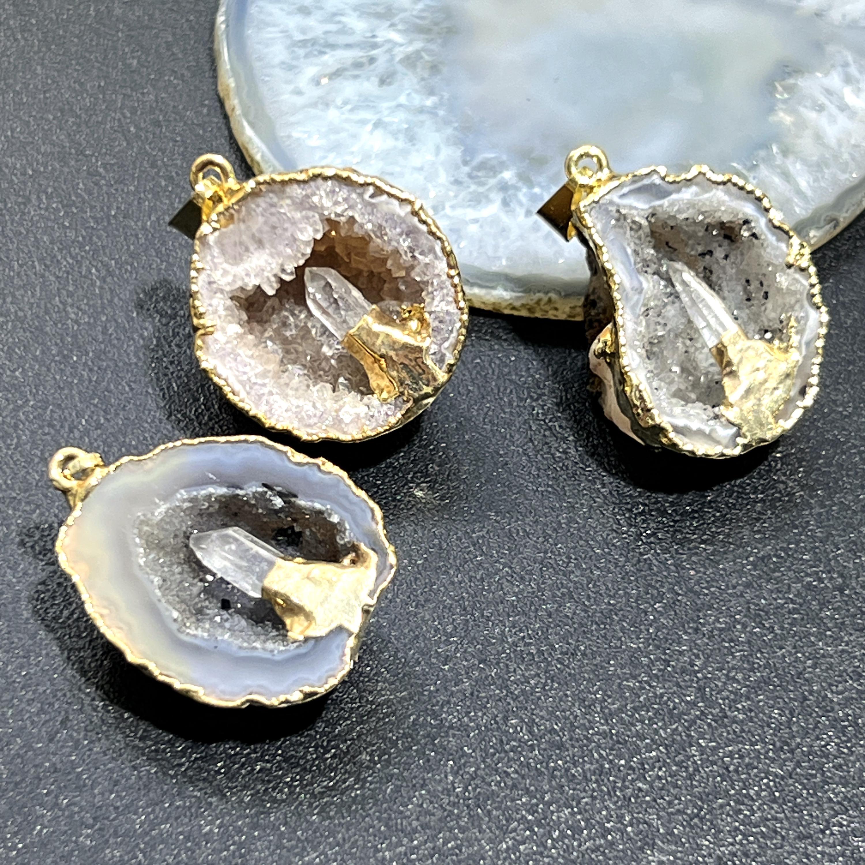 Oco Geode Druzy Crystal Pendant with Quartz Point (Gold Plated) Amazing Crystals