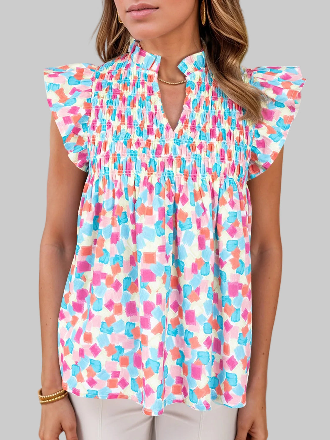 Women Ruffled Printed Notched Cap Sleeve Blouse NicholesGifts