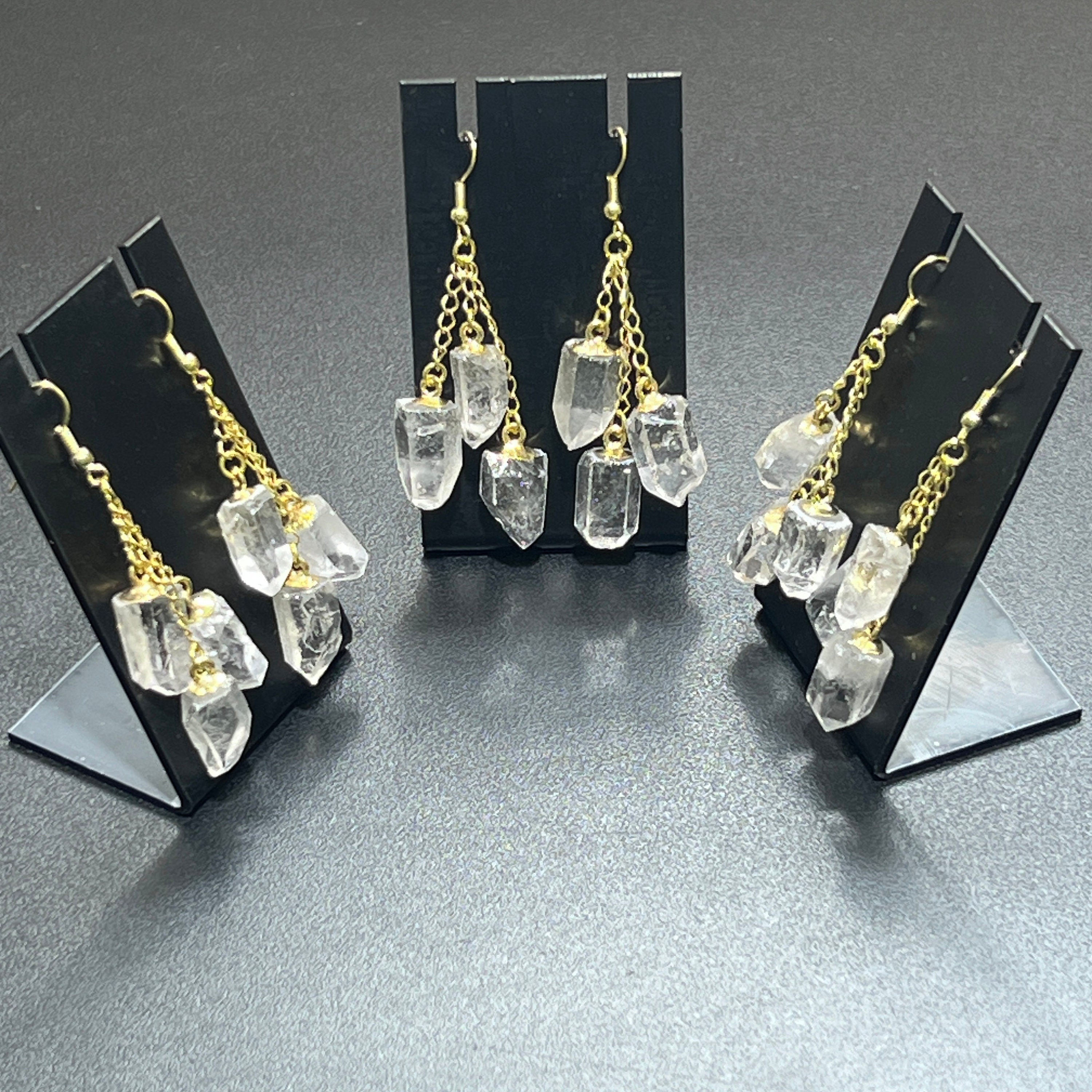 Quartz Triple Crystal Long Earrings Pair (Gold Stainless Hooks) Amazing Crystals
