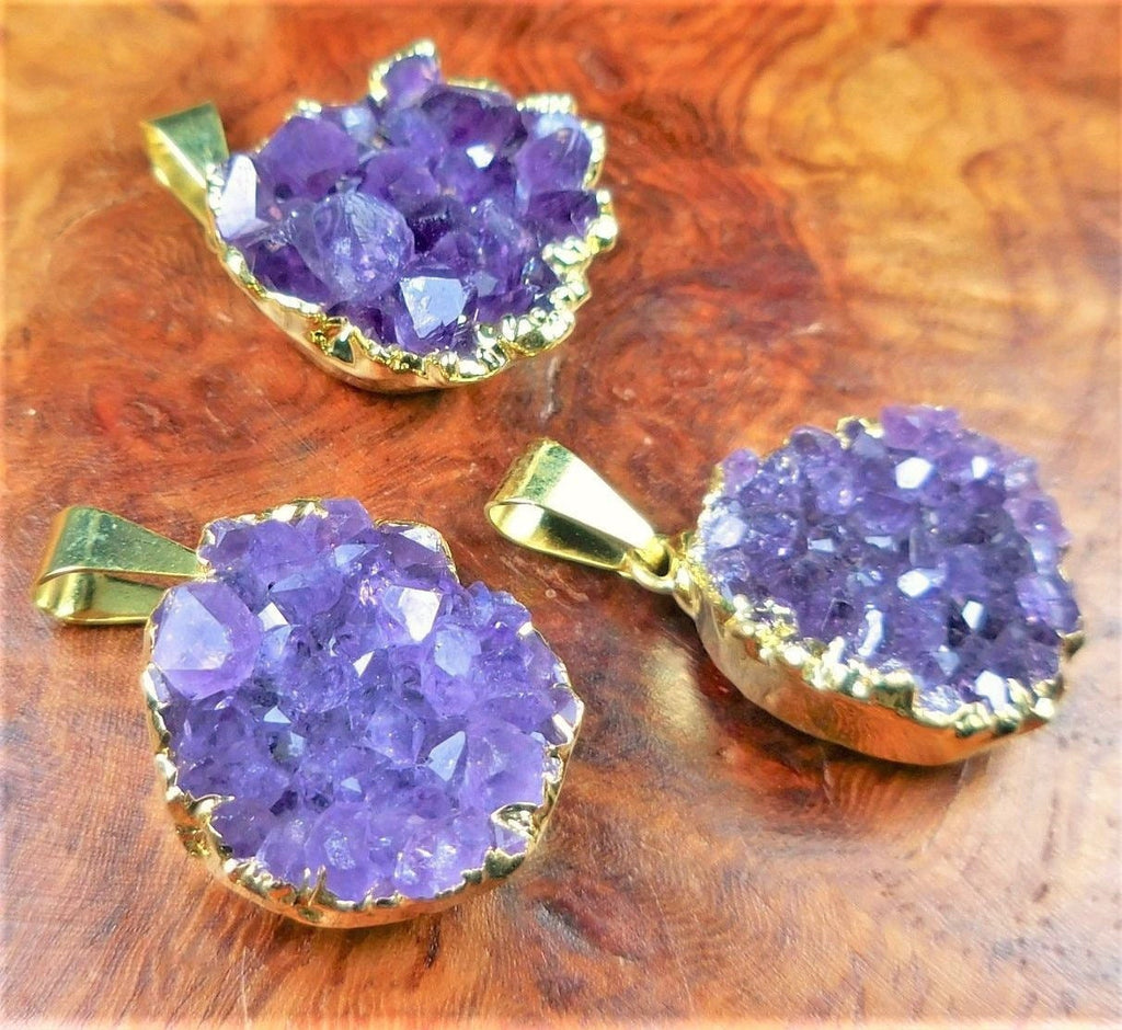 Druzy Amethyst Necklace Pendant - Petite Gold Crystal Cluster Amazing Crystals