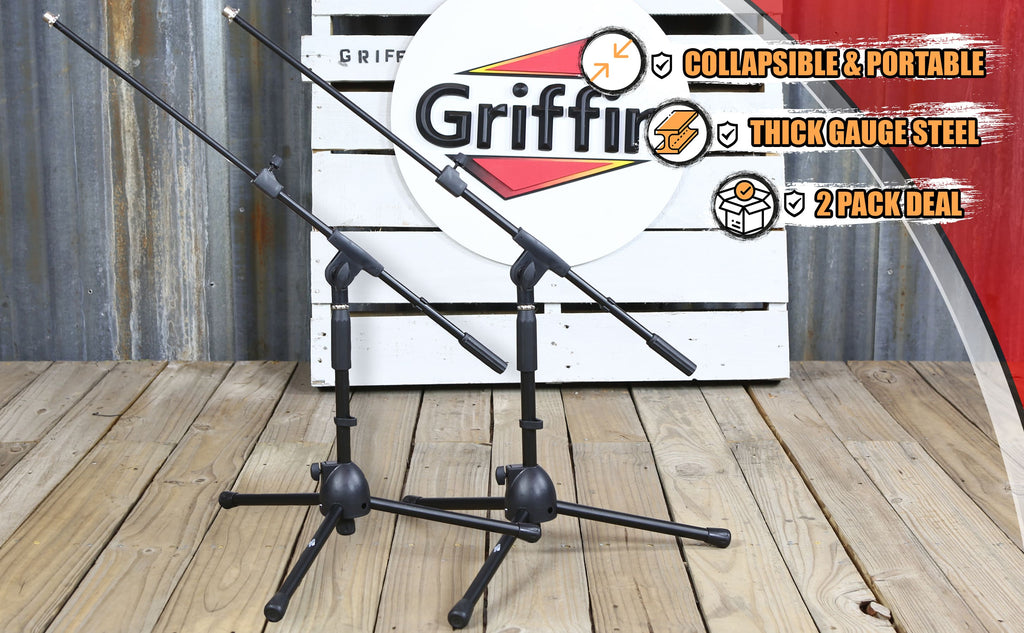 2 PACK- Low Profile Microphone Stand by GRIFFIN | Short Tripod Mic Stand Mount with Boom Arm for Kick Bass Drum, Studio Desktop Recording, Singing & Guitar Amplifiers | Small Height Telescoping Holder GeekStands.com