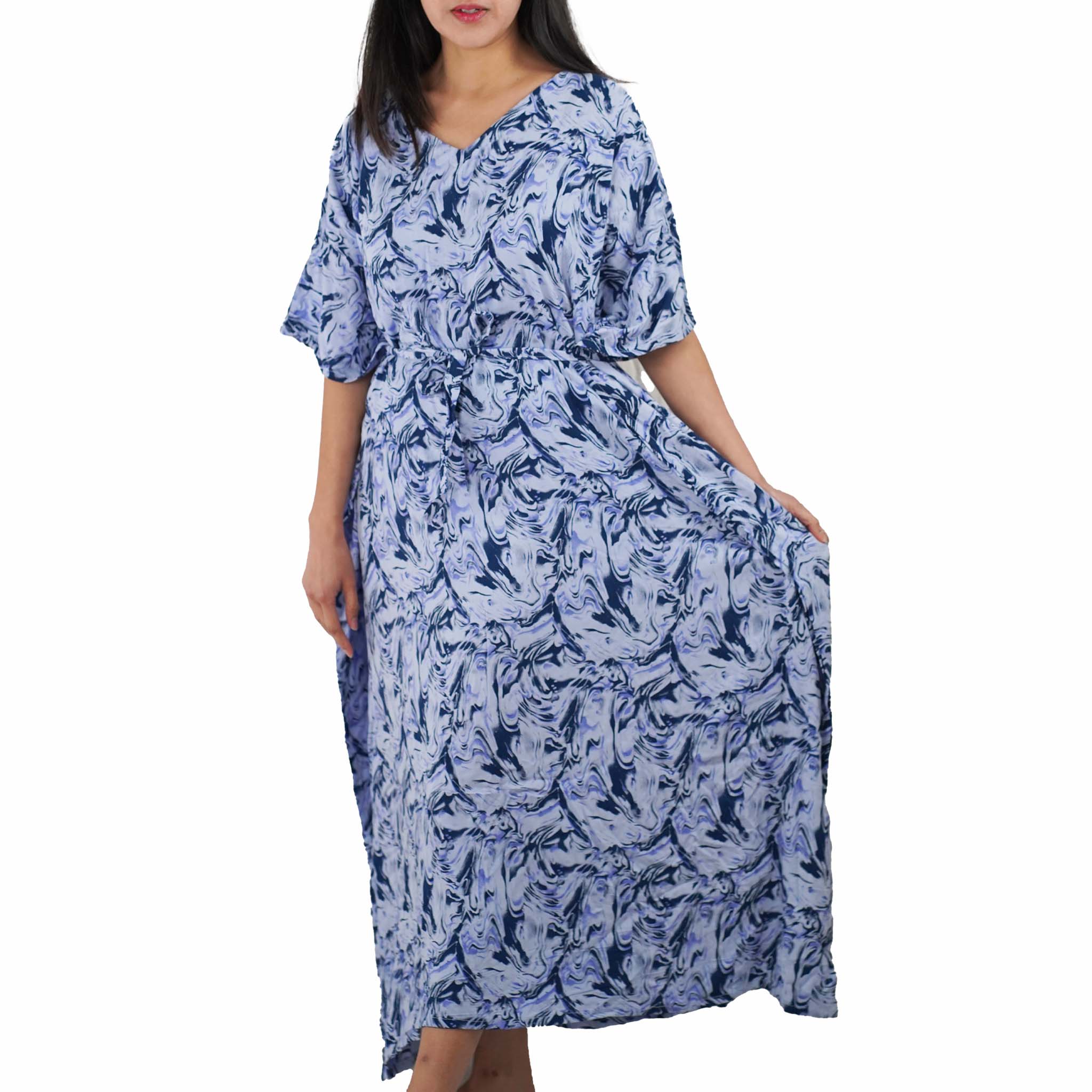 Kaftan Dress Rayon Blue Marble Lightweight Kasih Co-op
