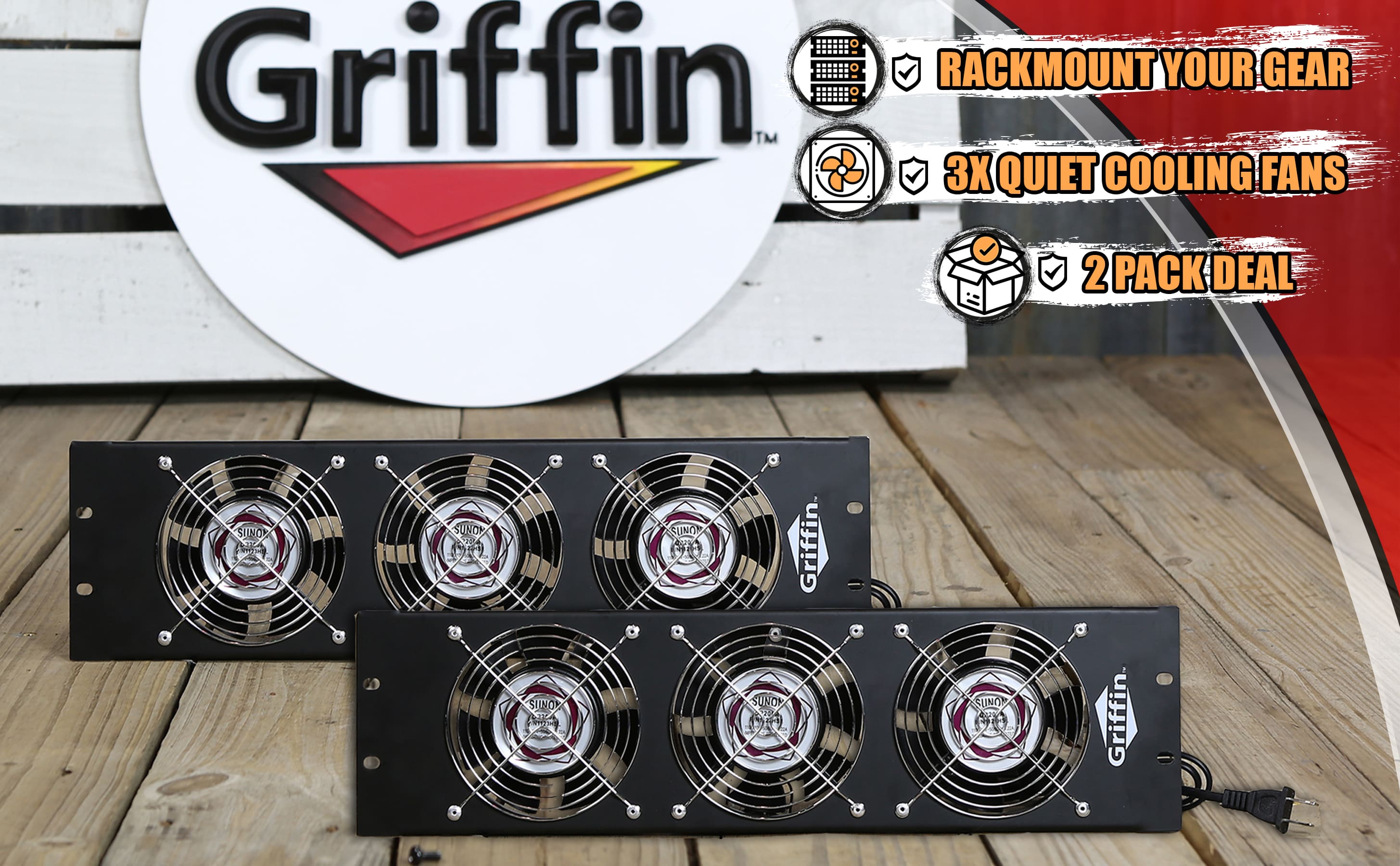 2 PACK - Rackmount Cooling Fan by Griffin | 3U Ultra-Quiet Triple Exhaust Fans, Keep Studio Audio Equipment Gear Cool | Rack Mount on Network IT System Server Rails | Temperature Control Panel Cabinet GeekStands.com