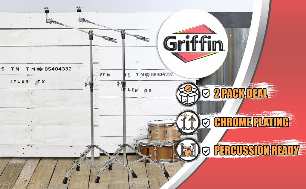 Cymbal Stand With Boom Arm by GRIFFIN (Pack of 2) | Drum Percussion Gear Hardware Set with Double Braced Legs | Counterweight Adapter for Mounting Heavy Duty Crash, Ride, Splash Cymbals For Drummers GeekStands.com
