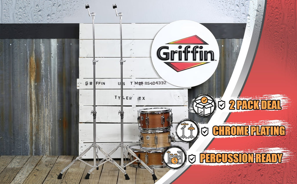 Straight Cymbal Stand (2 Pack) by GRIFFIN | Double Braced Legs, Slip-Proof Gear Holder | Light-Duty for Mobile Drummers | Percussion Drum Hardware Set for Mounting Crash, Ride & Splash Cymbals GeekStands.com