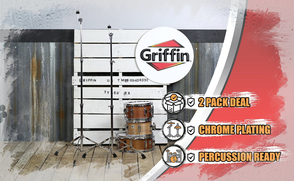 Straight Cymbal Stand (2 Pack) by GRIFFIN - Double Braced Legs, Slip-Proof Gear Holder - Light-Duty for Mobile Drummers Percussion Drum Hardware Set GeekStands.com