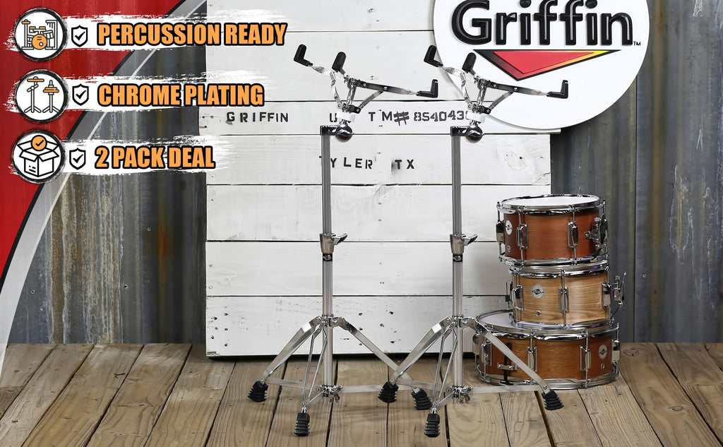 2-PACK- Concert Stand Up Snare Drum Stands by GRIFFIN | Tall Adjustable Chrome Height Stand For Drummers Percussion Practice Pads & Drums | Extended Height Drum Hardware Mount Holder With Basket Clamp GeekStands.com