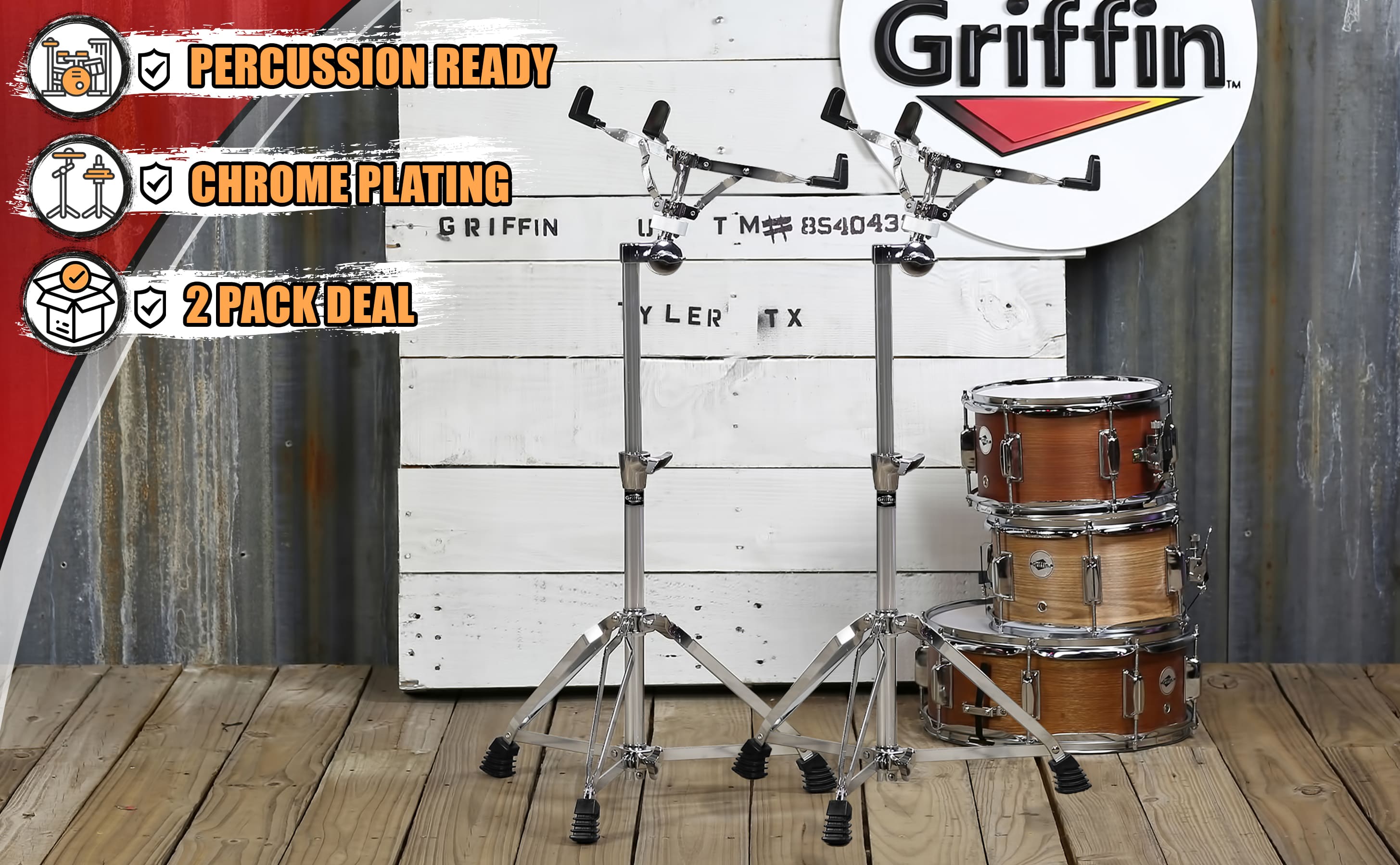 2-PACK- Concert Stand Up Snare Drum Stands by GRIFFIN | Tall Adjustable Chrome Height Stand For Drummers Percussion Practice Pads & Drums | Extended Height Drum Hardware Mount Holder With Basket Clamp GeekStands.com