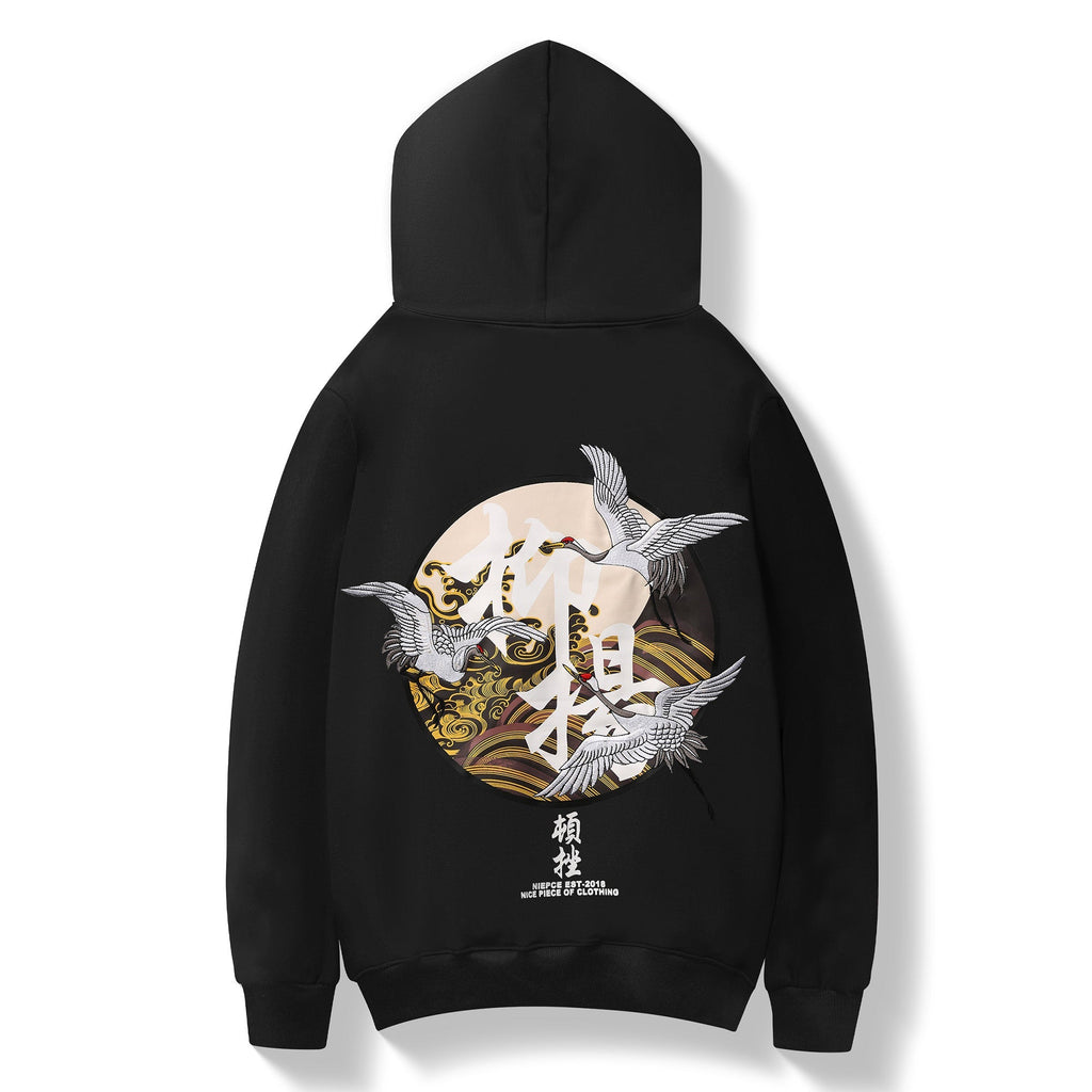 KH9332 Movement of Cranes Embroidery Hoodie Niepce