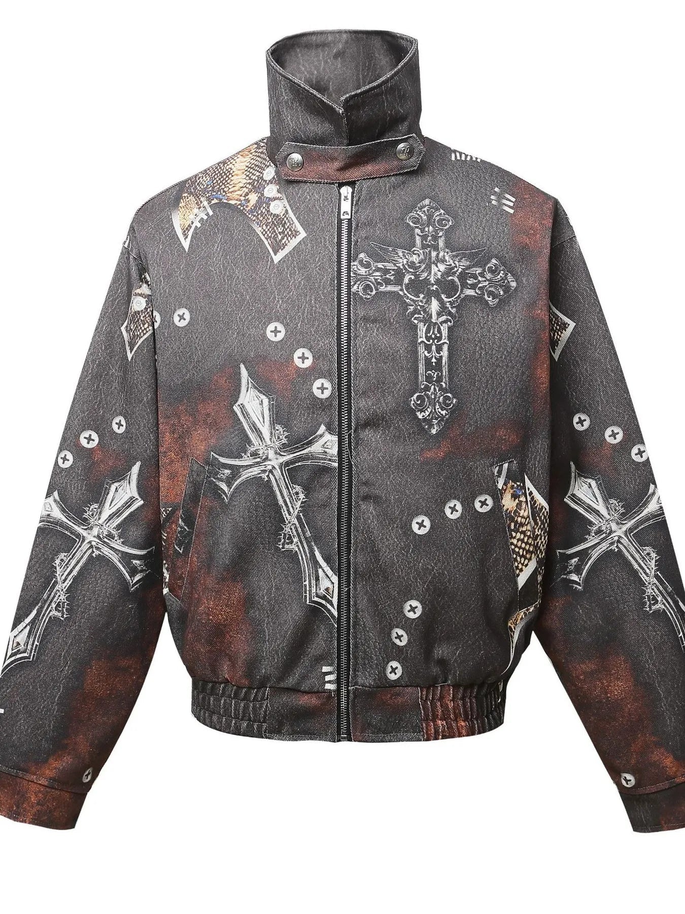 Men's Gothic Cross Print Distressed Denim Jacket NicholesGifts