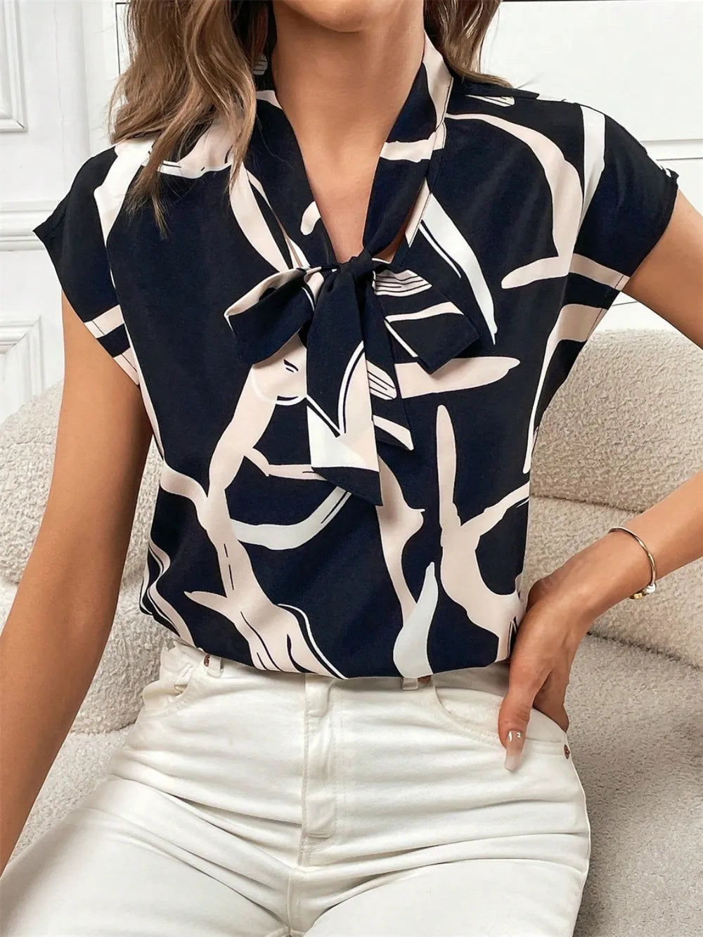 Women Printed Tie Neck Cap Short Sleeve Blouse NicholesGifts