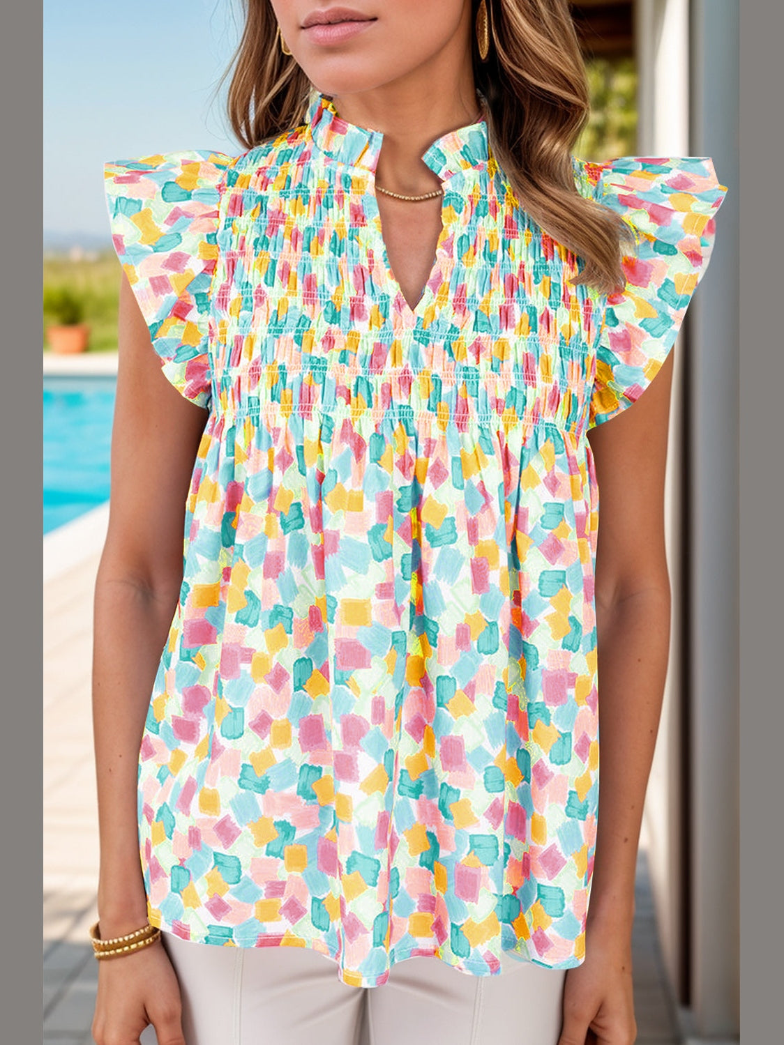 Women Ruffled Printed Notched Cap Sleeve Blouse NicholesGifts