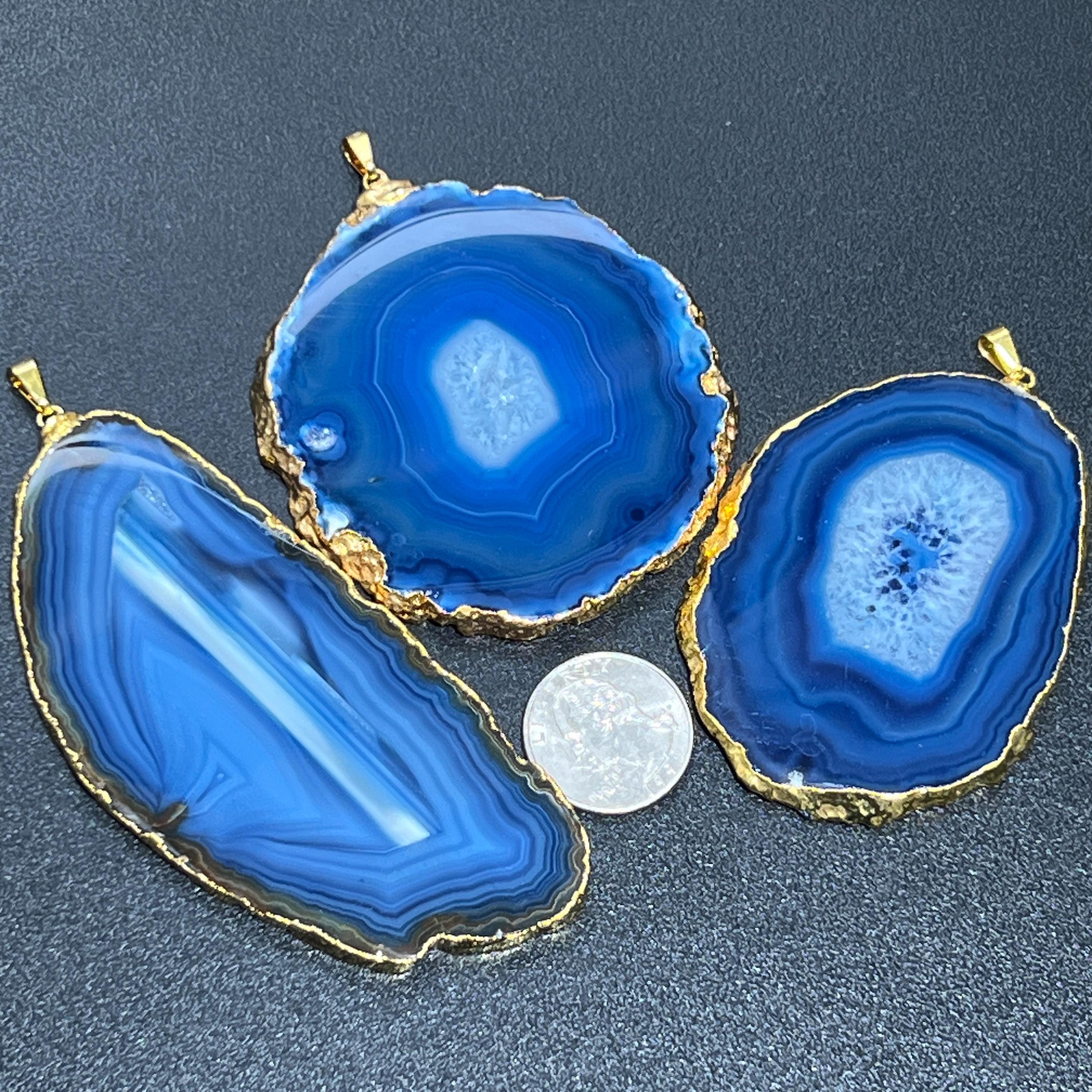 Large Blue Agate Slice Pendant (Gold Plated Edges) Wholesale Amazing Crystals