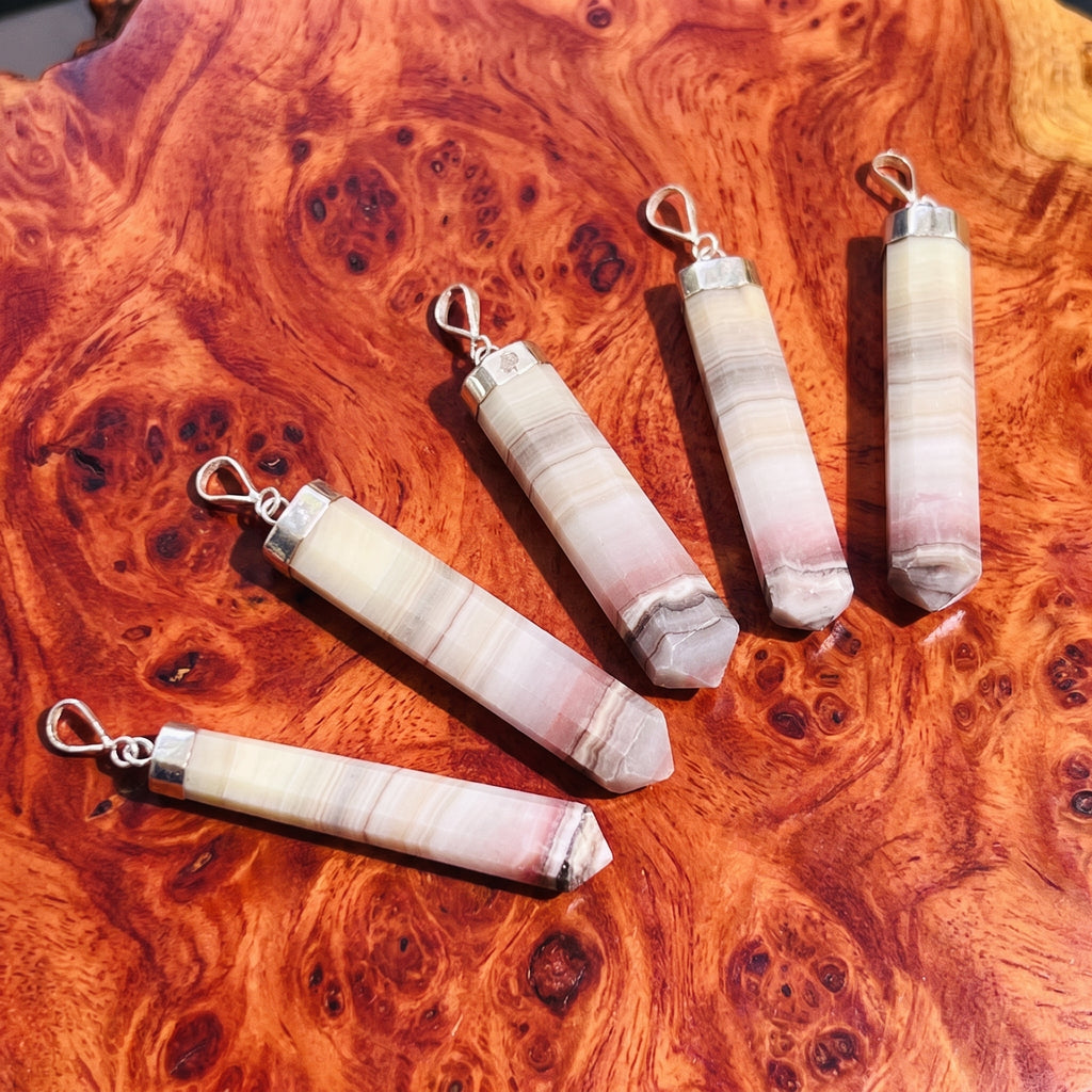 Pink Banded Calcite Crystal Point Pendant (925 Sterling Silver) Amazing Crystals