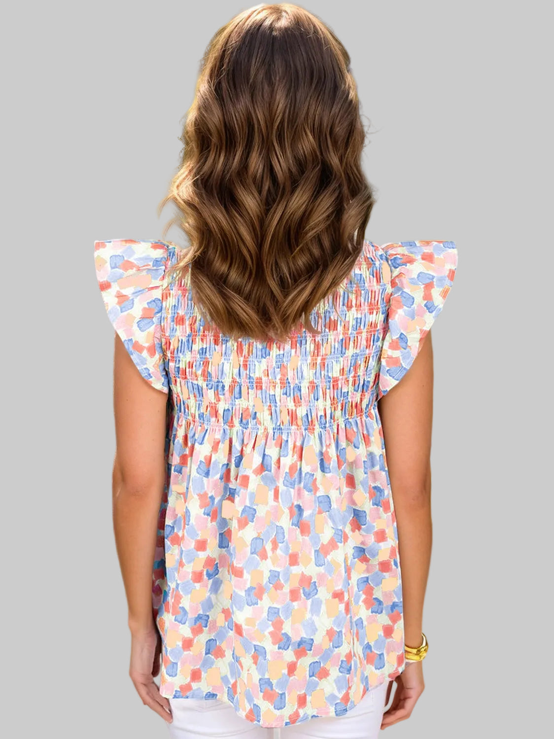 Women Ruffled Printed Notched Cap Sleeve Blouse NicholesGifts