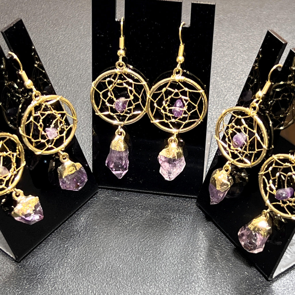 DreamCatcher Earrings Pair (Amethyst Crystal)(Gold Plated)(Stainless Steel Hooks) Amazing Crystals
