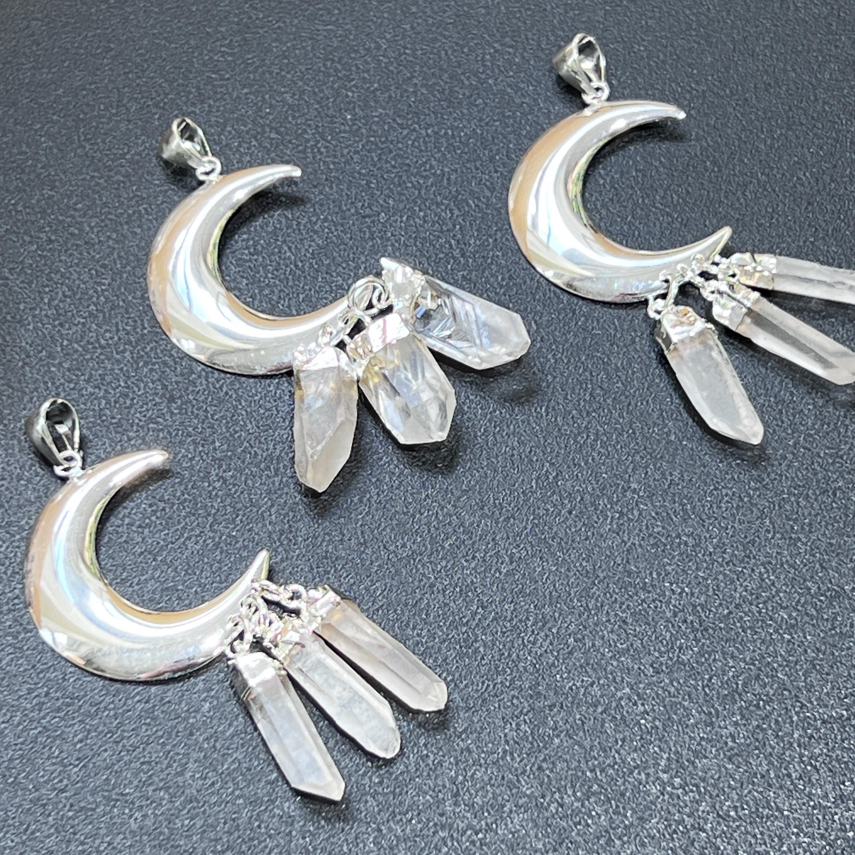 Quartz Crystal Crescent Moon Pendant (Silver Plated)(3 Crystals) Gemstone Jewelry Necklace Supply Amazing Crystals