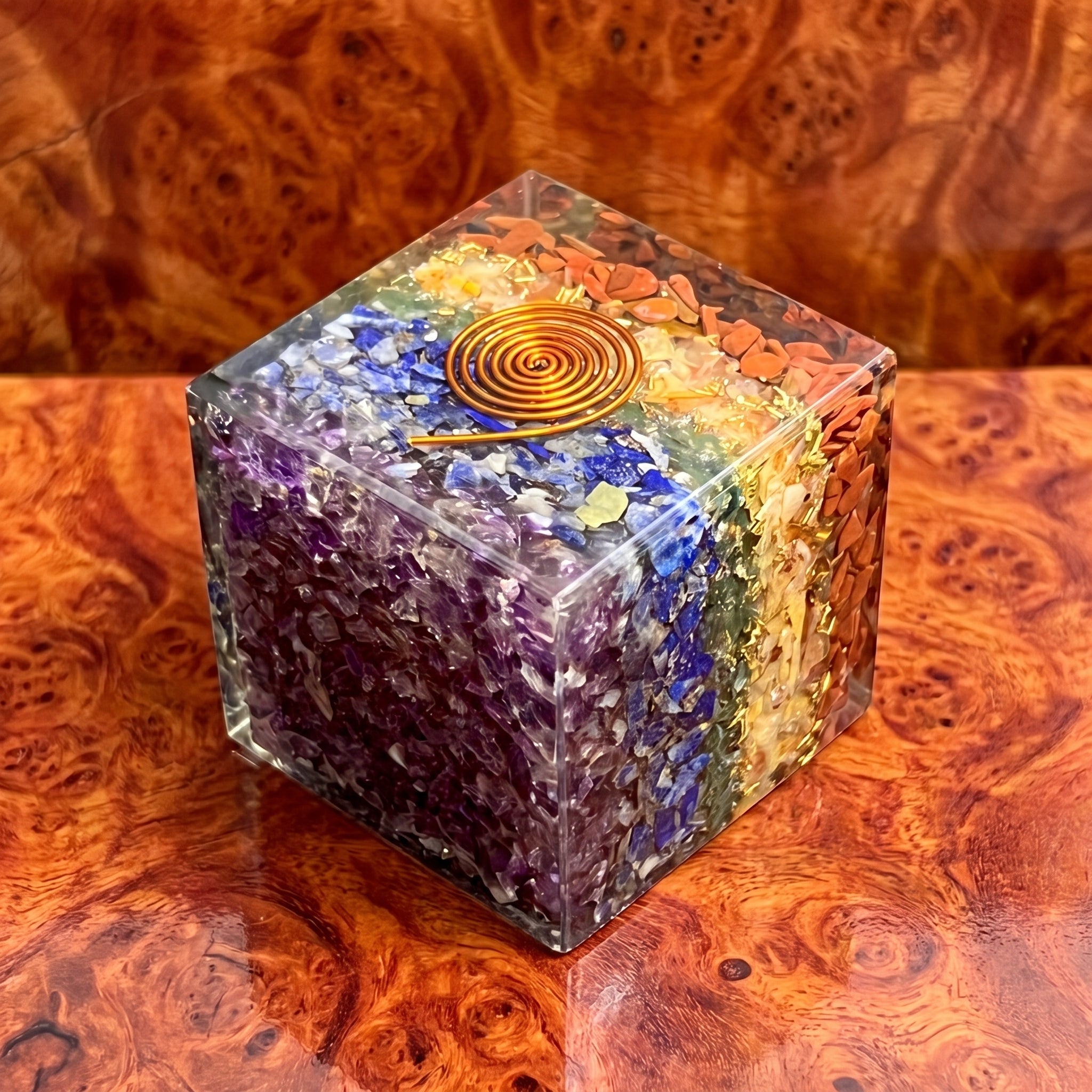 Large 7-Stone Crystal Resin Orgone Cube Reiki Chakra Carving Amazing Crystals