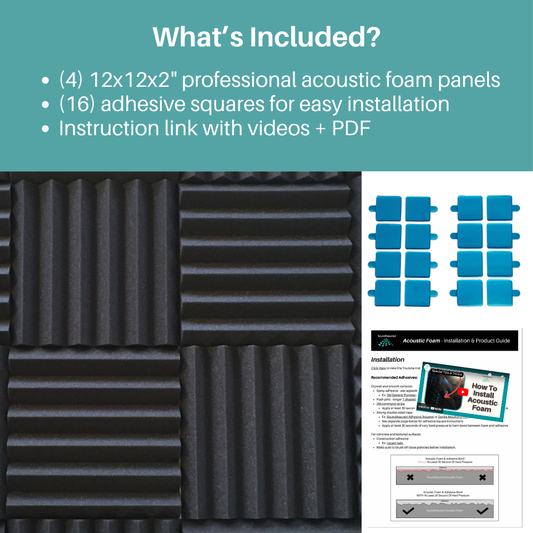 Easy Mount Acoustic Foam Kit - 12x12x2" Acoustic Foam Panels With Adhesive - Wedge Style - 4 Pack SoundAssured