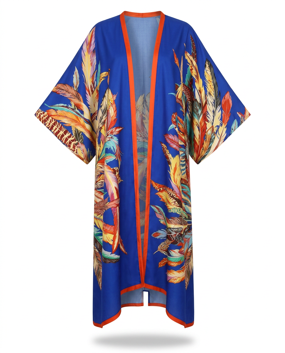 Vibrant Feather Print Kimono Boho Brown