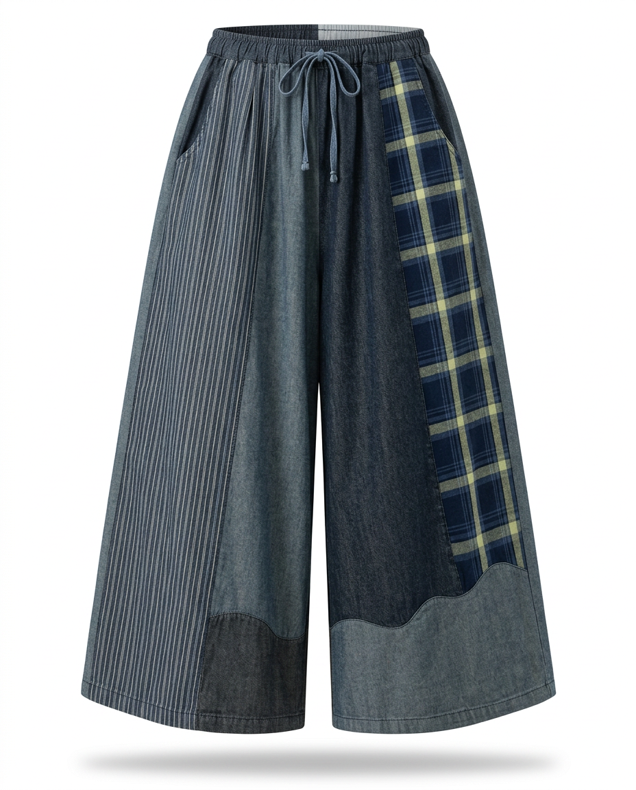 Unique Patchwork Wide Leg Trousers Boho Brown