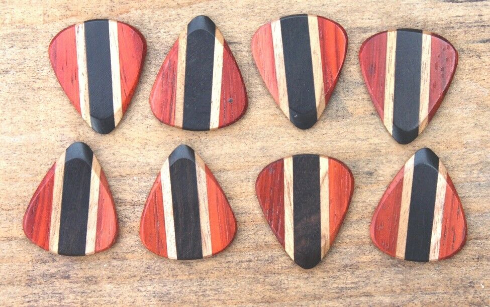 Padauk, Teak, & Ebony Wood Guitar Or Bass Pick - 3.0 mm Ultra Heavy Gauge - 351 Wedge Shape - Natural Finish Handmade Specialty Exotic Plectrum Exotic Plectrums