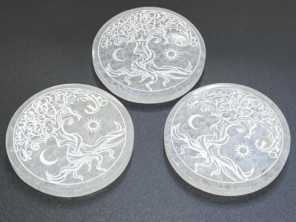 Selenite Crystal Tree Of Life Round Circle Plate (4 Inch) Gemstone Decor Supply Amazing Crystals