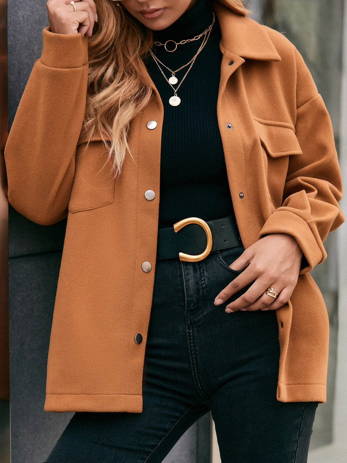 Ivy Lane Pocketed Snap Down Dropped Shoulder Jacket NicholesGifts