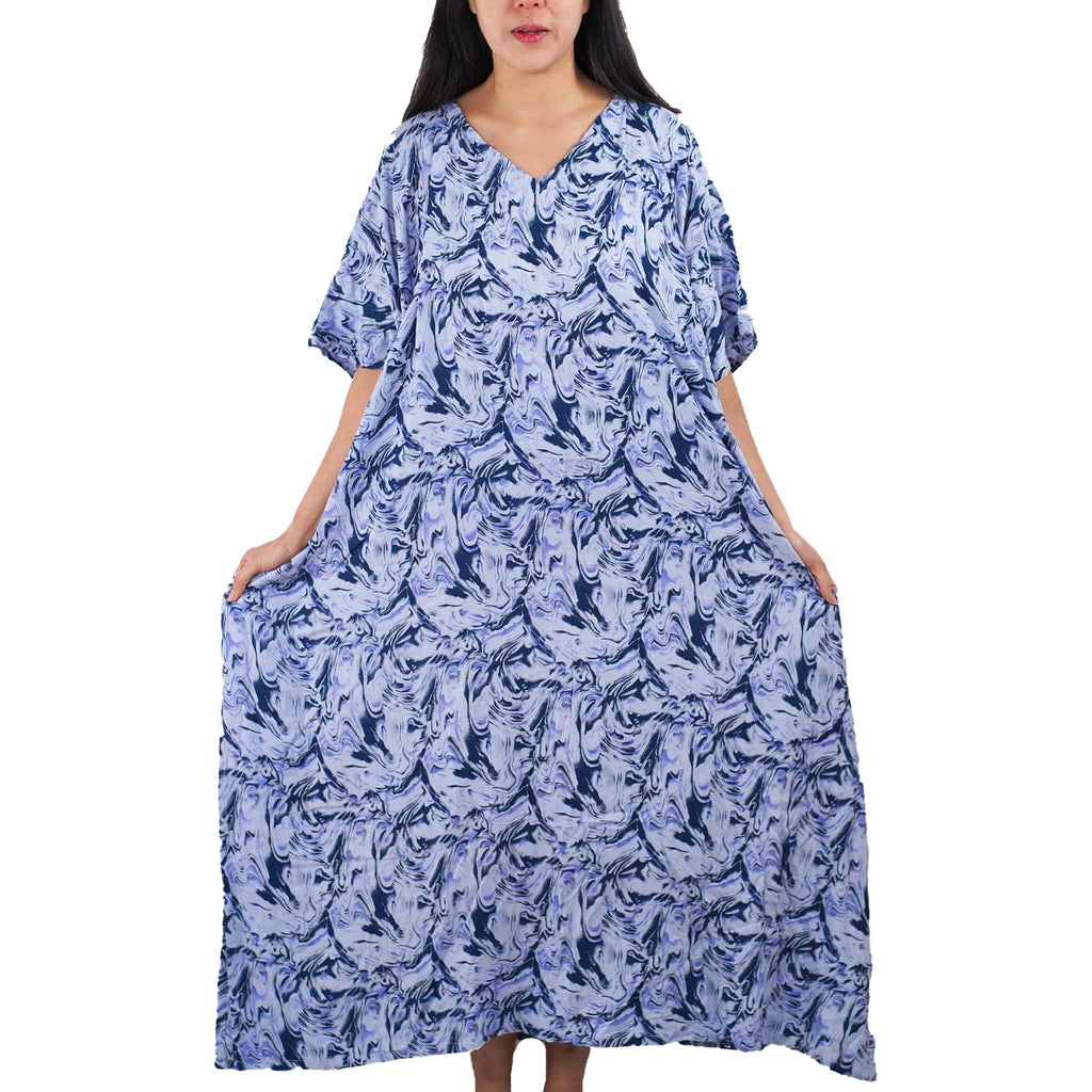 Kaftan Dress Rayon Blue Marble Lightweight Kasih Co-op