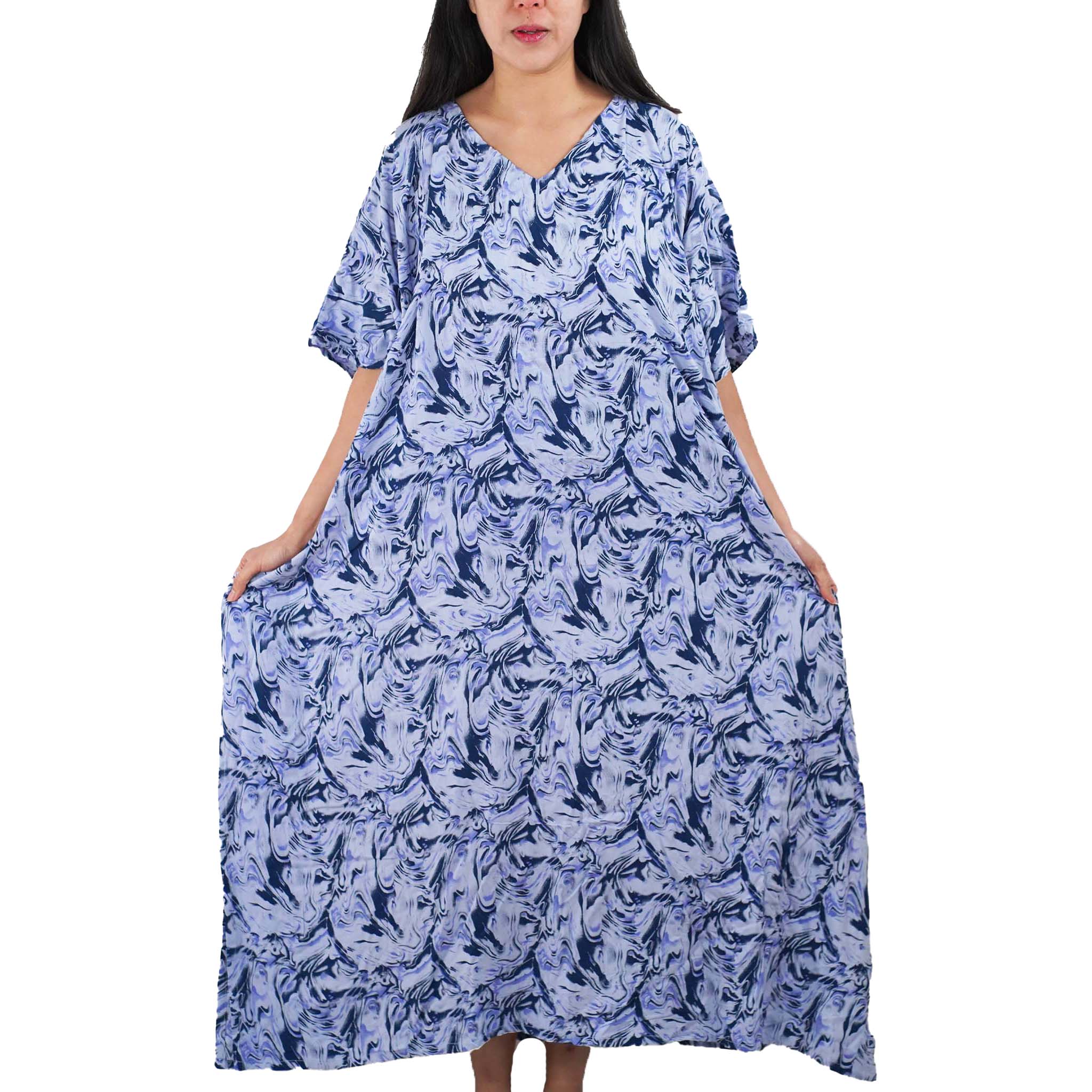 Kaftan Dress Rayon Blue Marble Lightweight Kasih Co-op