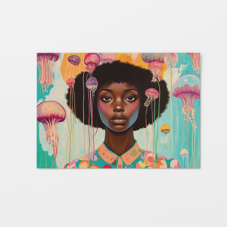 Underwater Whimsical Black Girl & Jellyfish Postcard for Friends & Penpals Black Magic Social Club