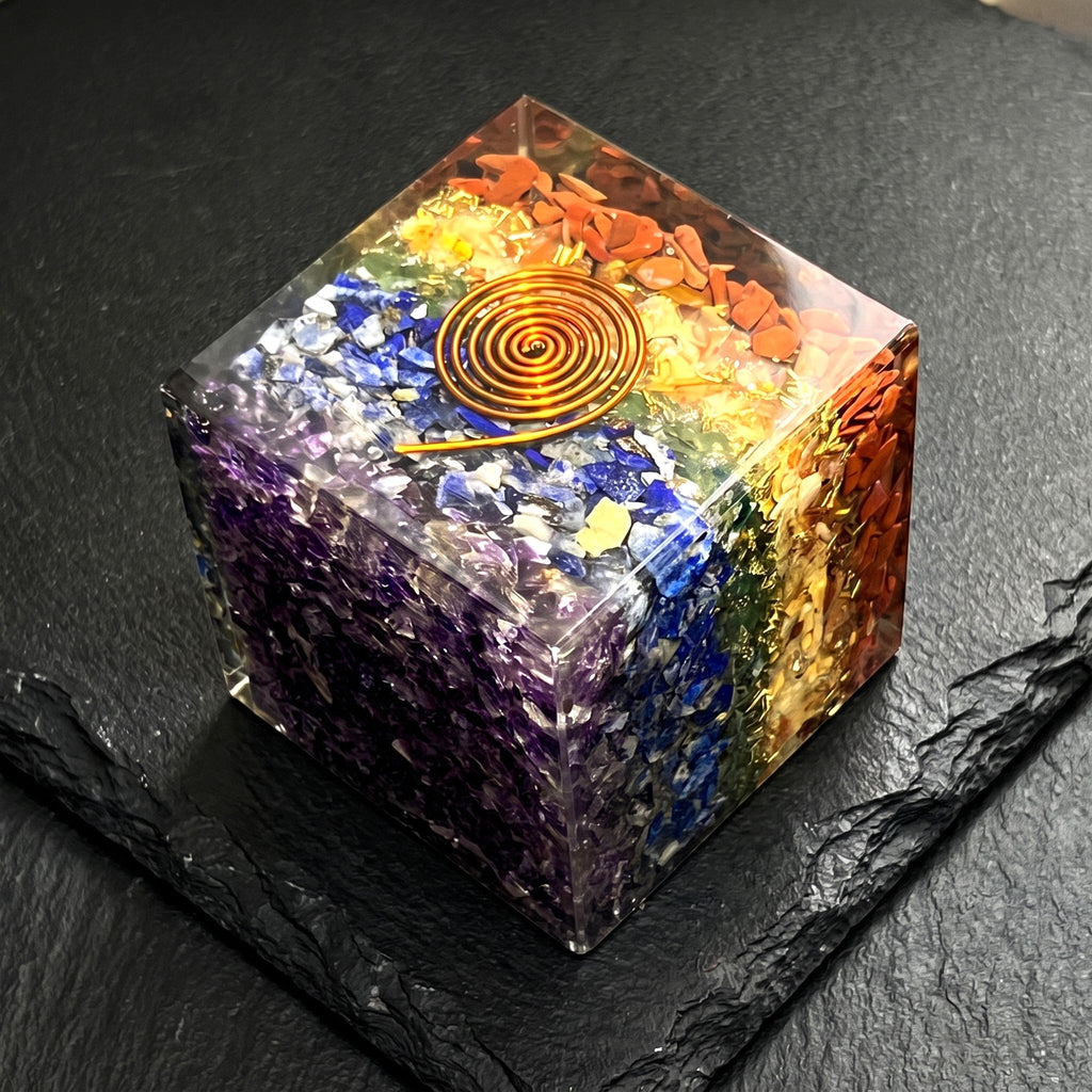 Large 7-Stone Crystal Resin Orgone Cube Reiki Chakra Carving Amazing Crystals