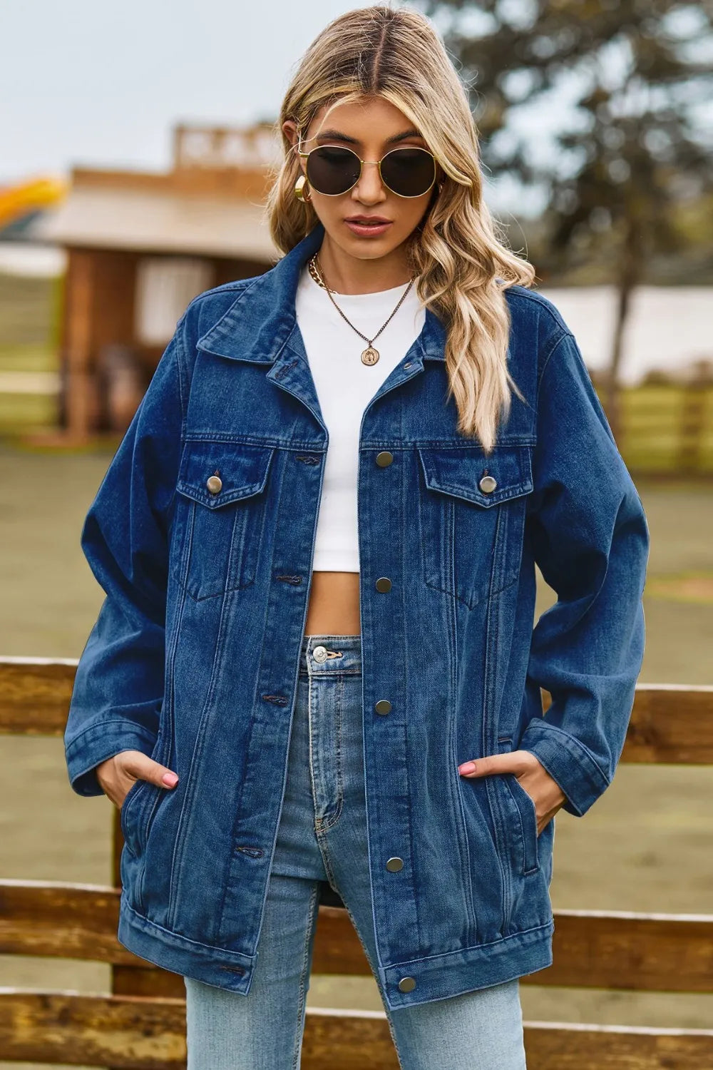 Women Buttoned Collared Neck Denim Jacket with Pockets NicholesGifts
