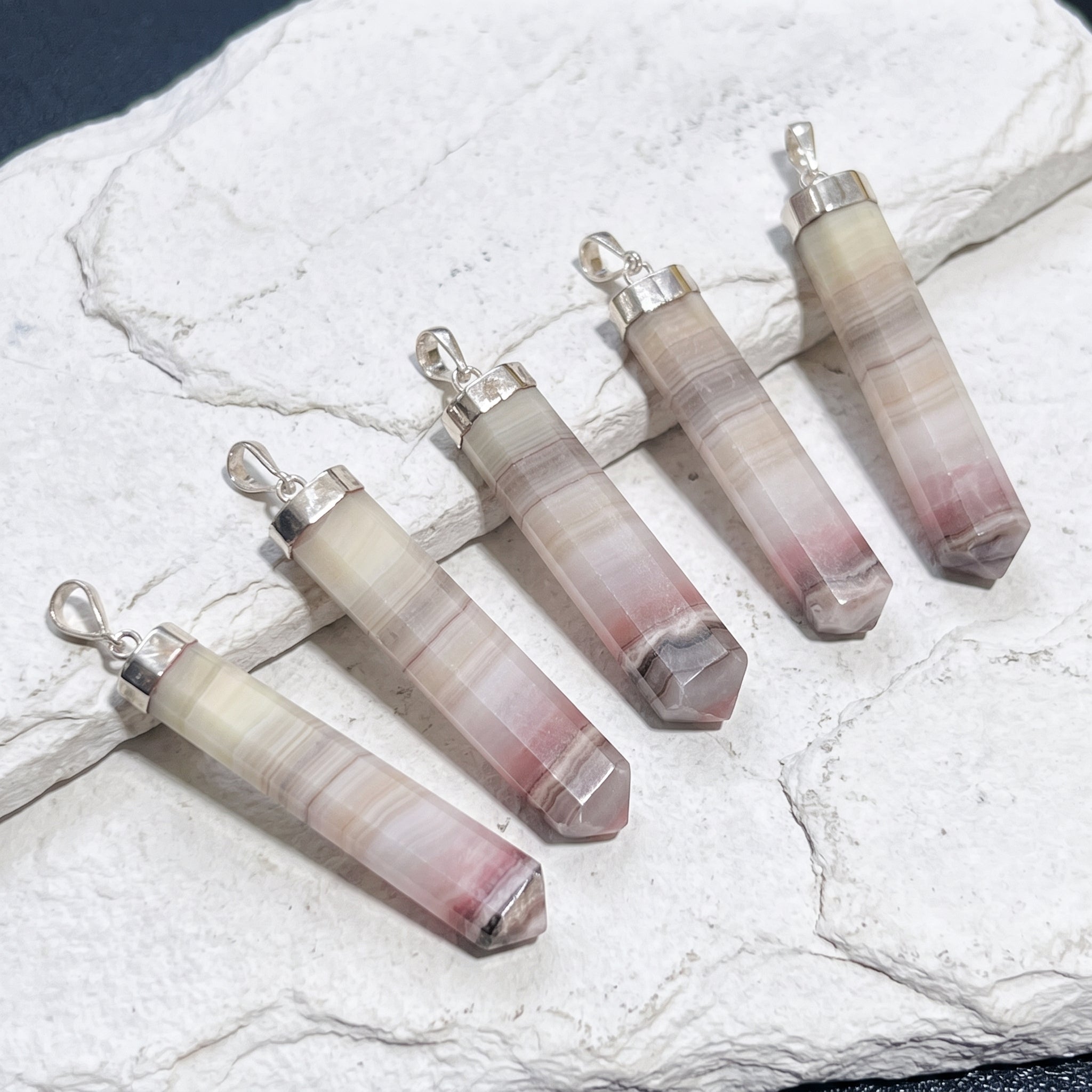 Pink Banded Calcite Crystal Point Pendant (925 Sterling Silver) Amazing Crystals