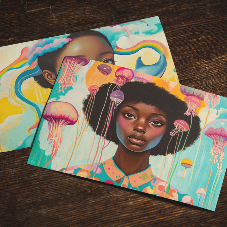 Underwater Whimsical Black Girl & Jellyfish Postcard for Friends & Penpals Black Magic Social Club