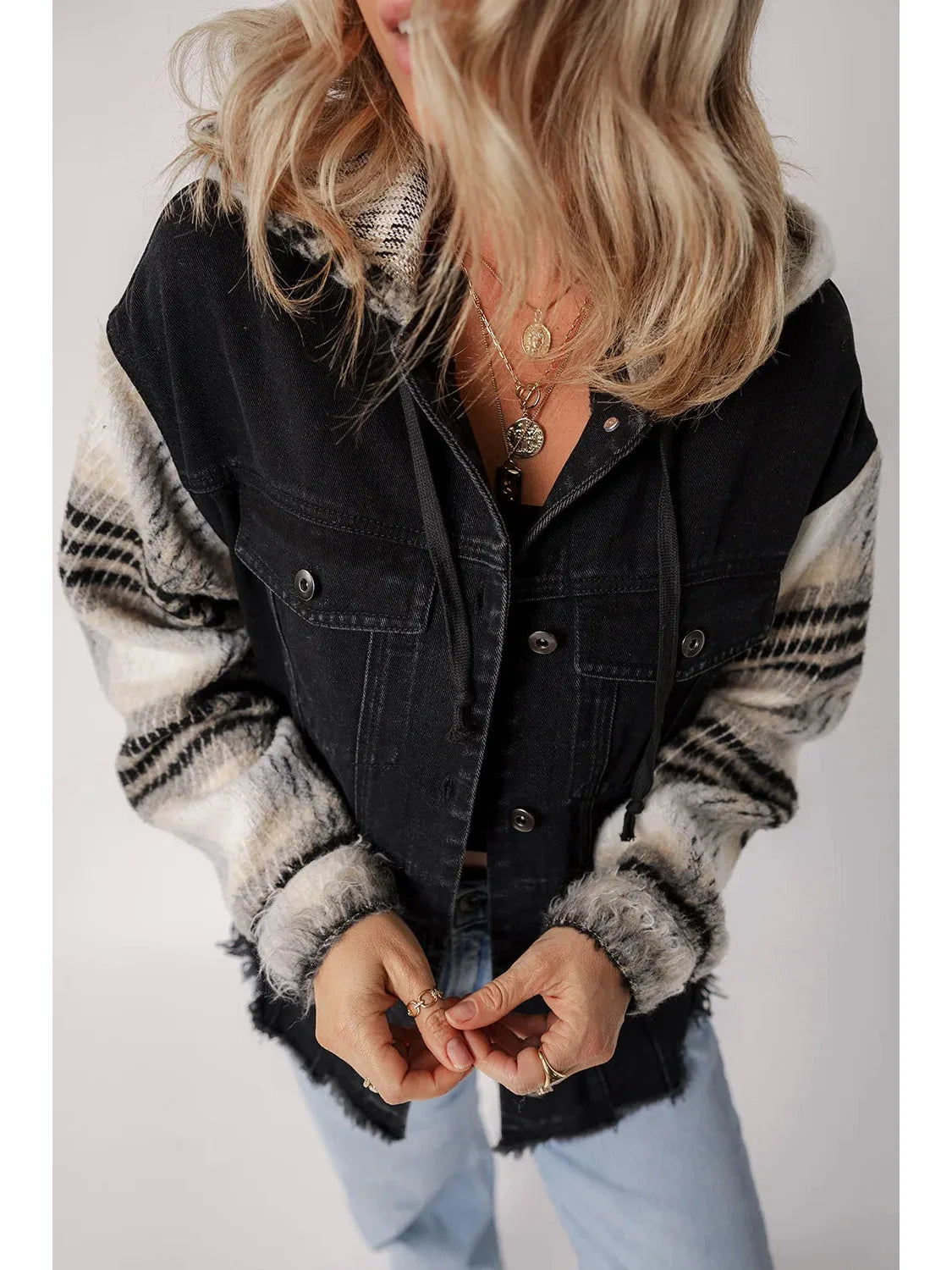 Drawstring Raw Hem Button Up Hooded Denim Jacket NicholesGifts