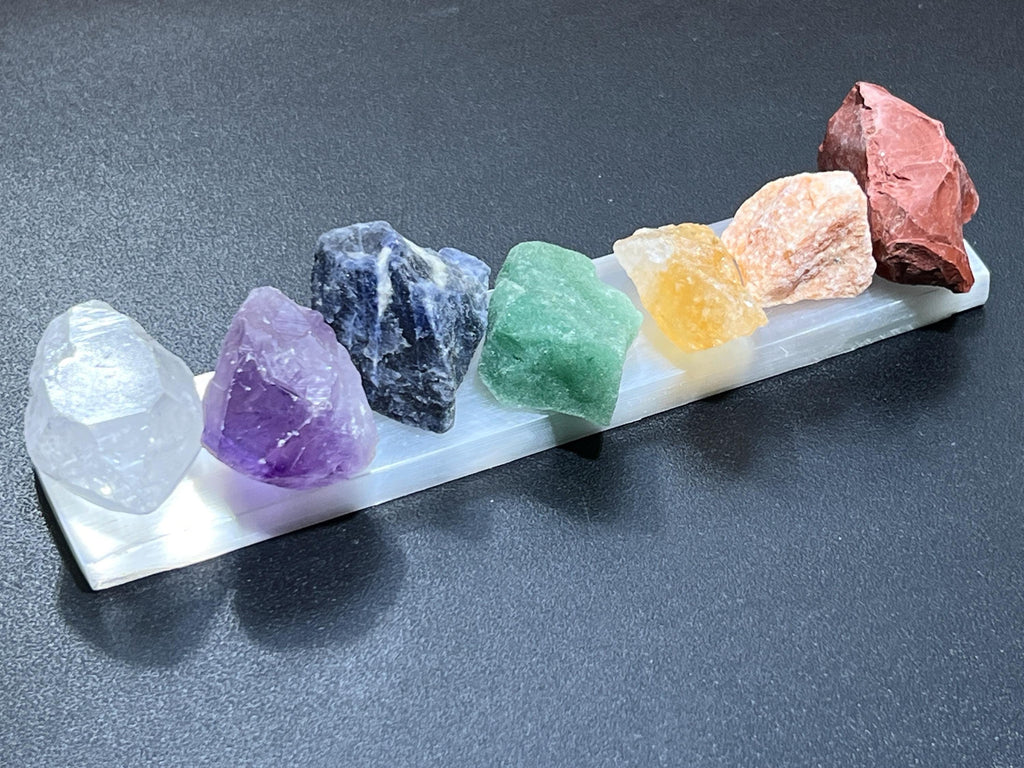 Chakra Crystal Set 7 Stone Rough Raw With Selenite Bar  Reiki Amazing Crystals