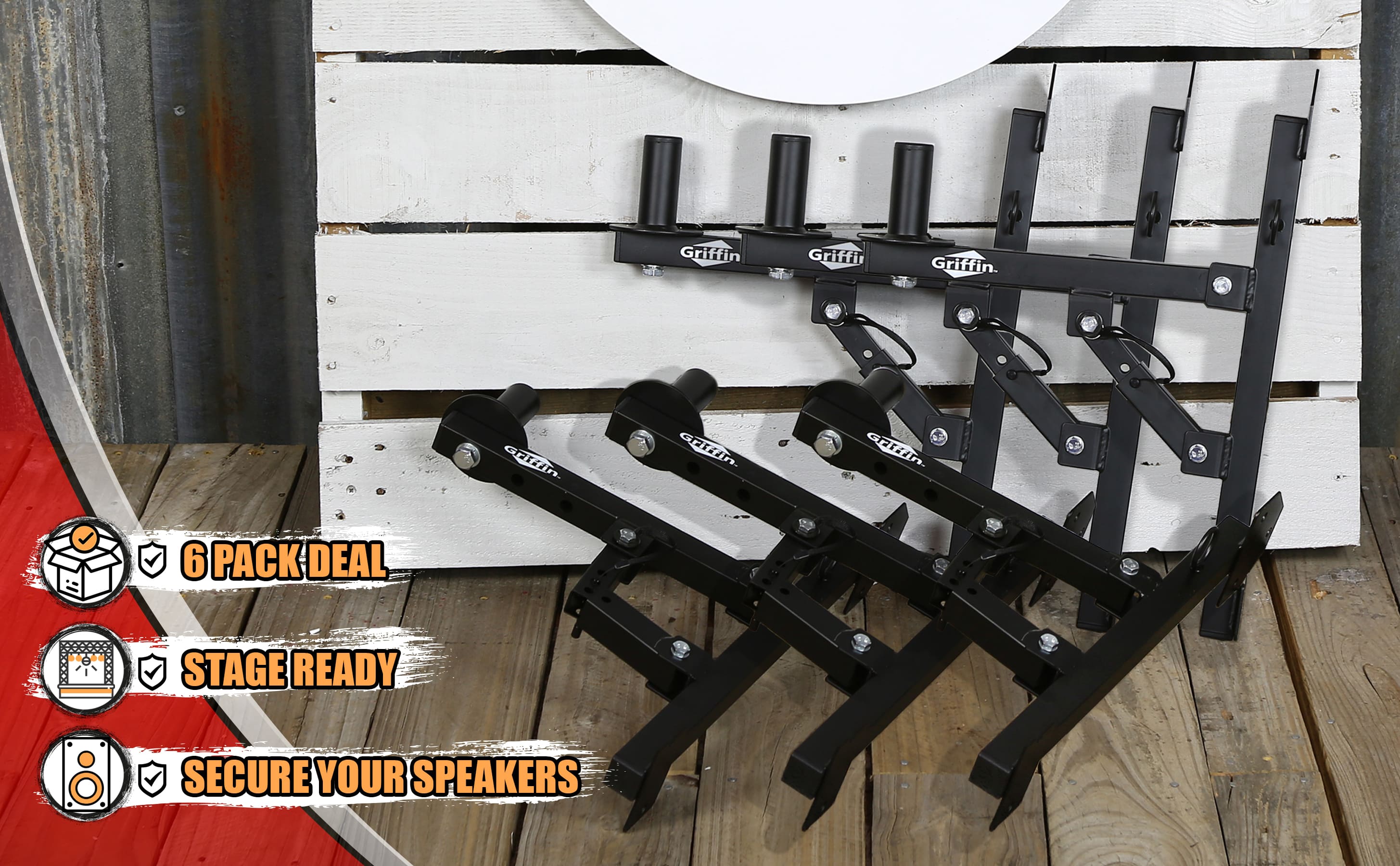 6-PACK PA Speaker Wall Mount Bracket Stands By GRIFFIN | All Steel Pro-Audio Speaker 35mm Pole Holder | Securing Locking Pin & 3 Horizontal Level Tilt Adjustments | DJ On Stage Studio Monitor Holders GeekStands.com