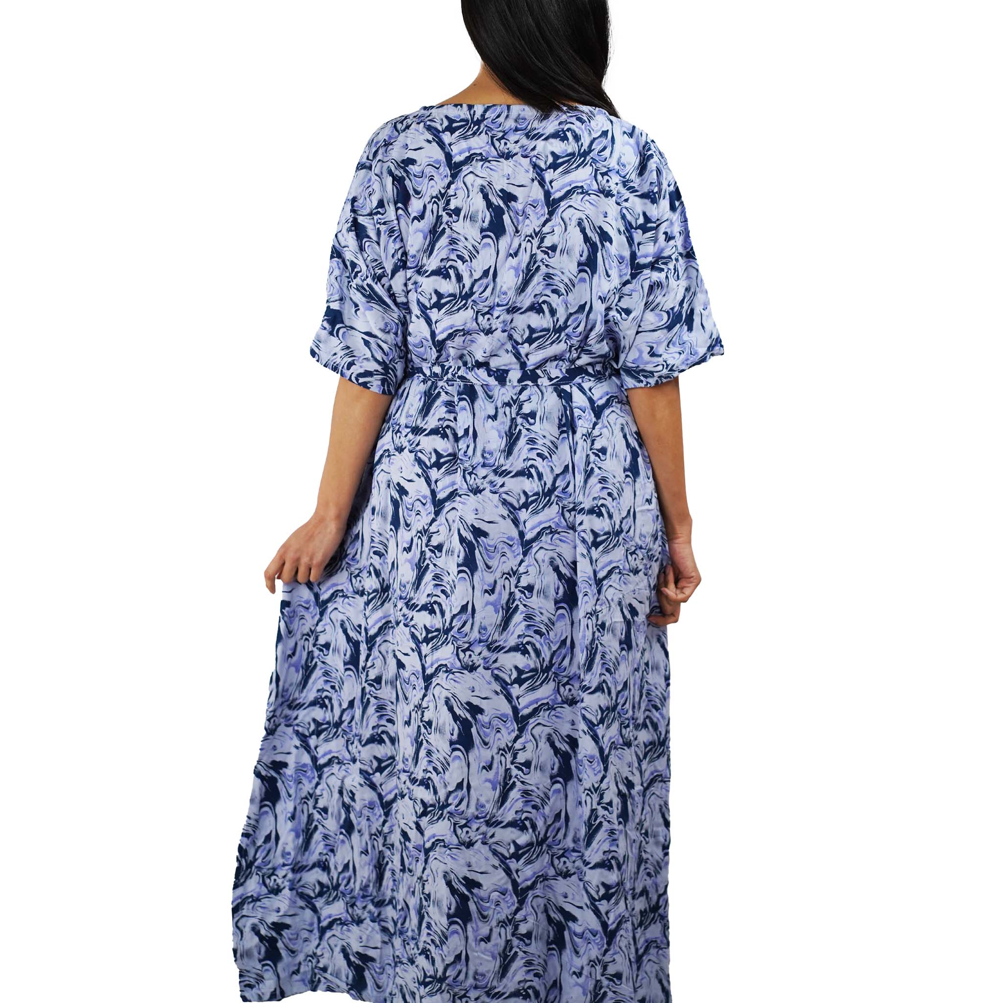 Kaftan Dress Rayon Blue Marble Lightweight Kasih Co-op