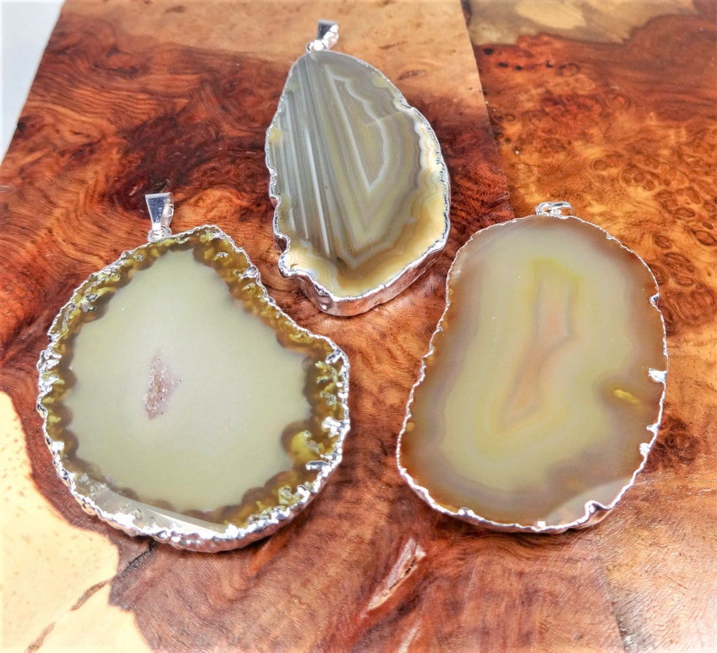 Brown Agate Slice Pendant (Silver Plated Edges) Polished Geode Jewelry Amazing Crystals