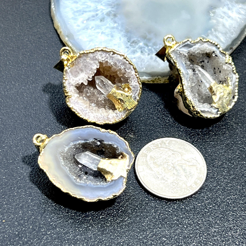 Oco Geode Druzy Crystal Pendant with Quartz Point (Gold Plated) Gemstone Jewelry Necklace Supply Amazing Crystals