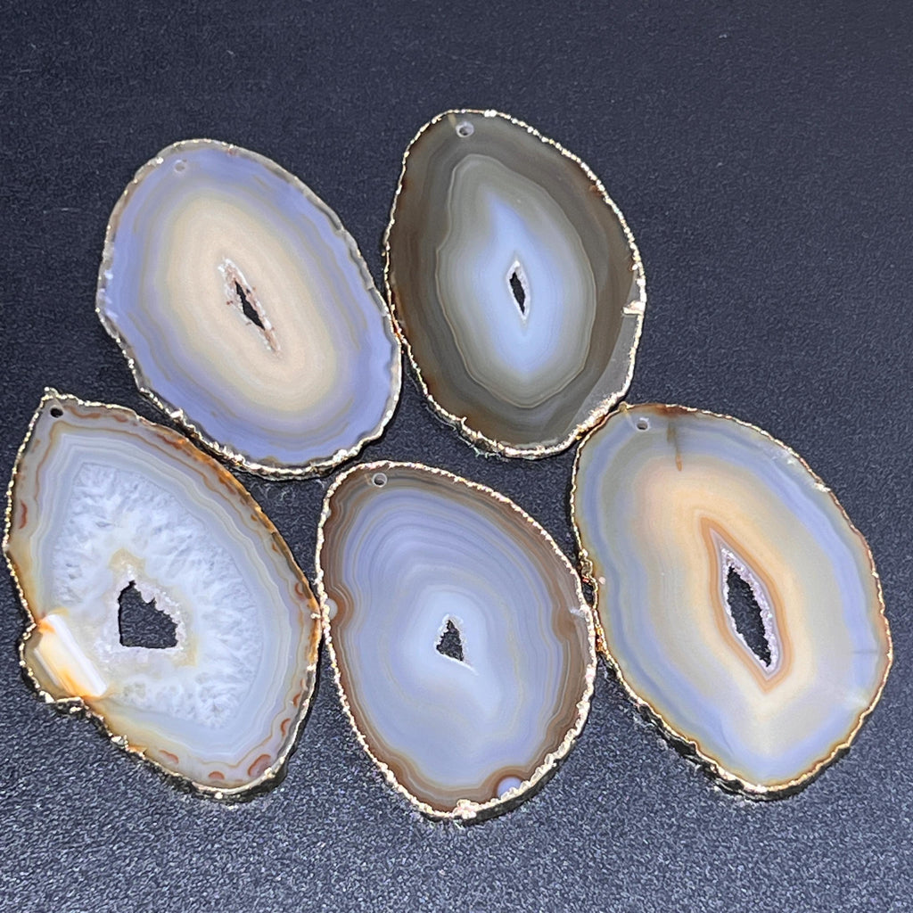 Drilled Hole Natural Gray Brown Agate Slice (2mm Hole)(Gold Plated Edges) Wholesale Amazing Crystals
