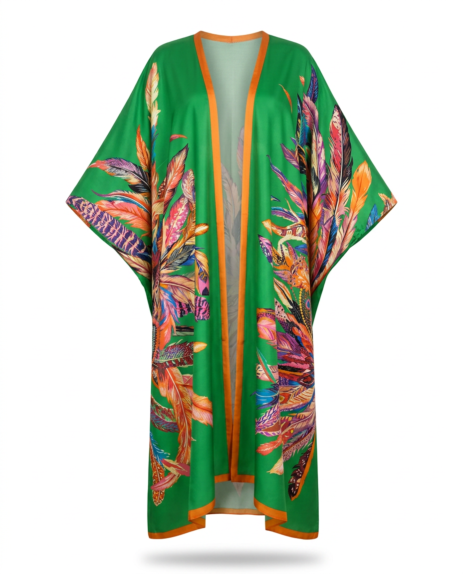 Vibrant Feather Print Kimono Boho Brown