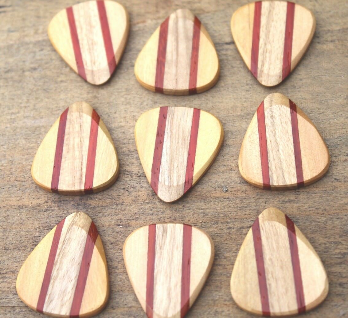 Maple, Padauk, & Teak Wood Guitar Or Bass Pick - 3.0 mm Ultra Heavy Gauge - 351 Wedge Shape - Natural Finish Handmade Specialty Exotic Plectrum Exotic Plectrums