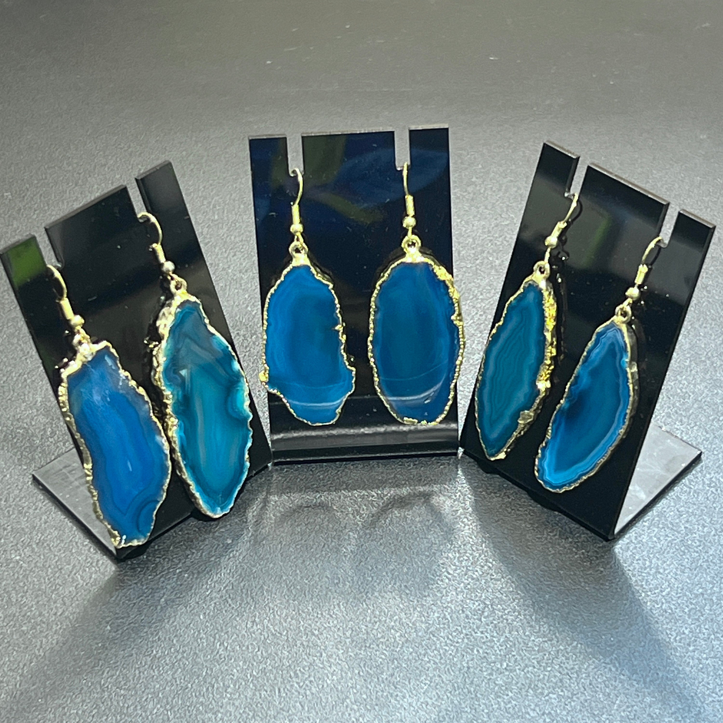 Teal Agate Slice Earrings (Gold Plated Edges)(Stainless Hooks) Geode Slice Jewelry Supply Amazing Crystals