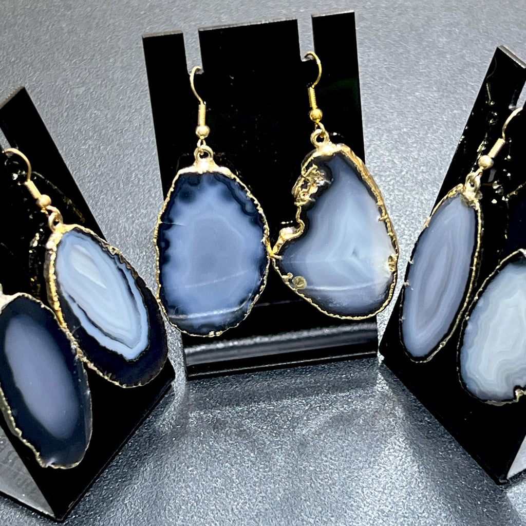 Black Gray Agate Slice Earrings Pair (Gold Plated Edges) Wholesale Amazing Crystals